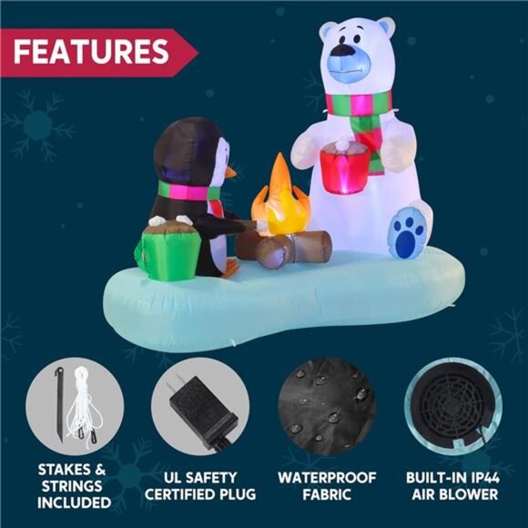 New 6 FT Long Christmas Inflatable Polar Bear and Penguin with Campfire - Picture 6 of 7